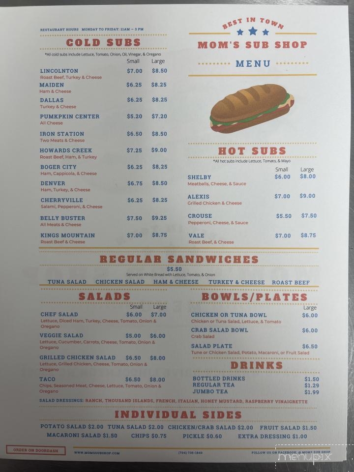 Mom's Sub Sandwich Shop - Lincolnton, NC menu_pic
