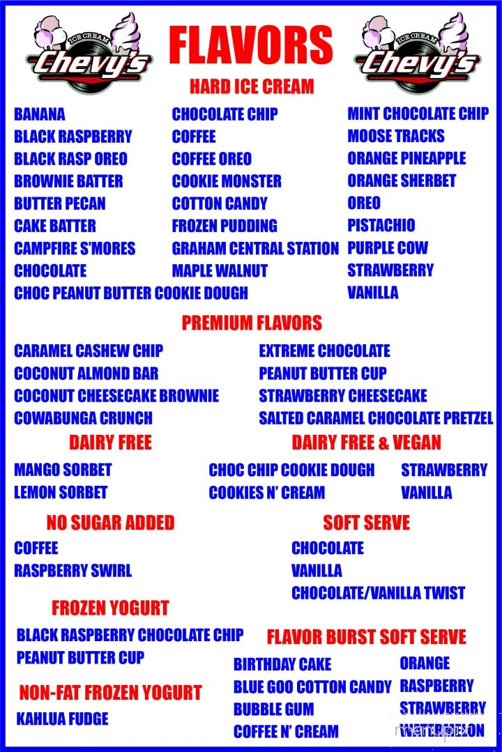 Chevys Ice Cream - Bellingham, MA menu_pic