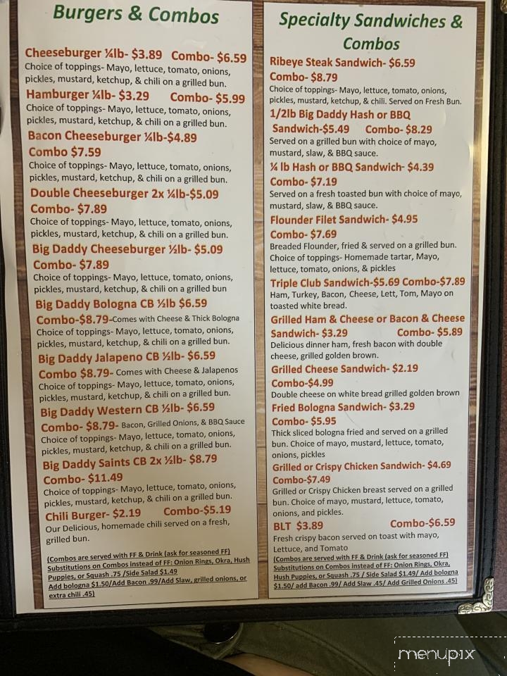 Big Daddys Cafe - Gaffney, SC menu_pic