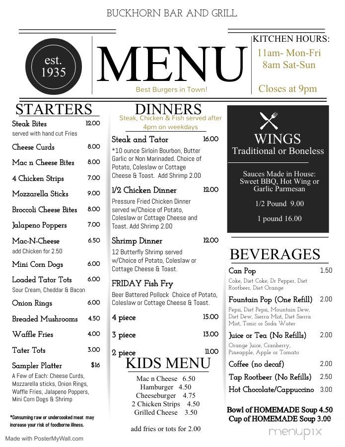 Buckhorn - Gordon, WI menu_pic
