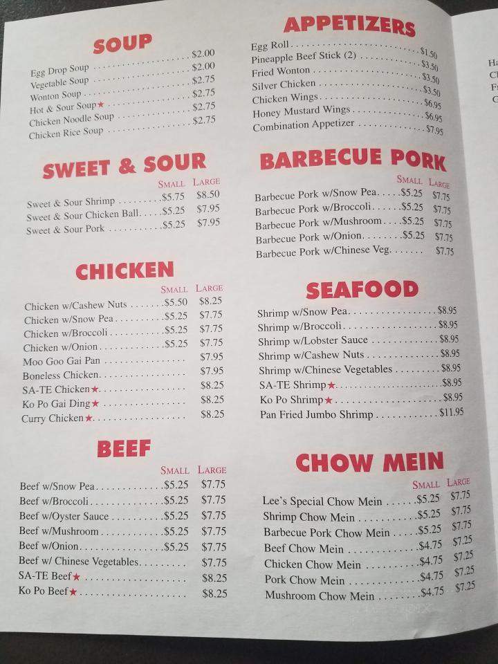 Menu of Lee's Restaurant in Grafton, ND 58237