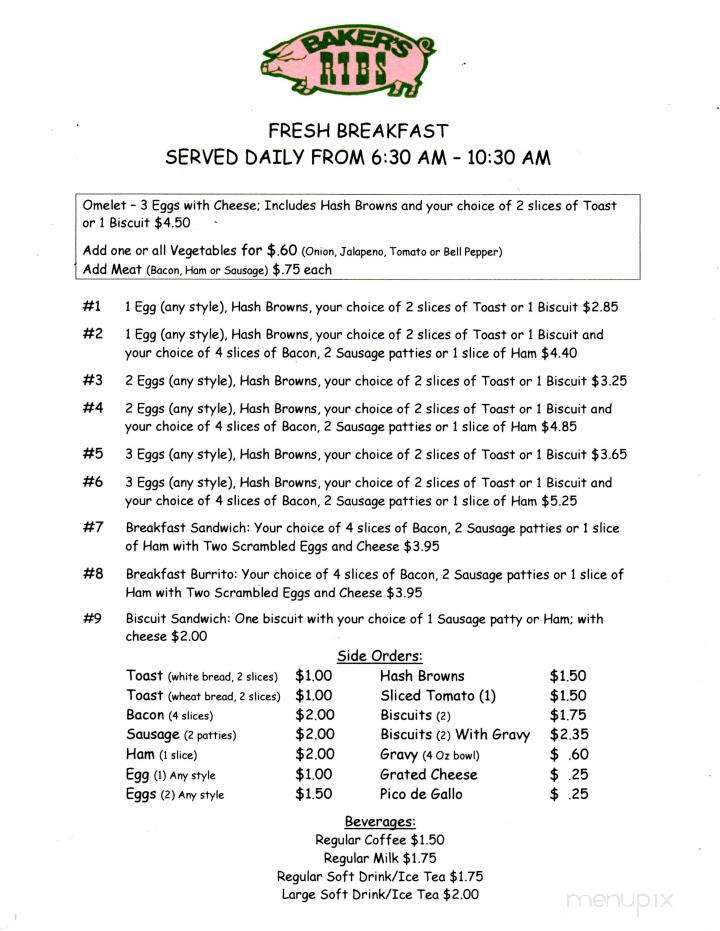 Online Menu of Baker's Ribs, Greenville, TX