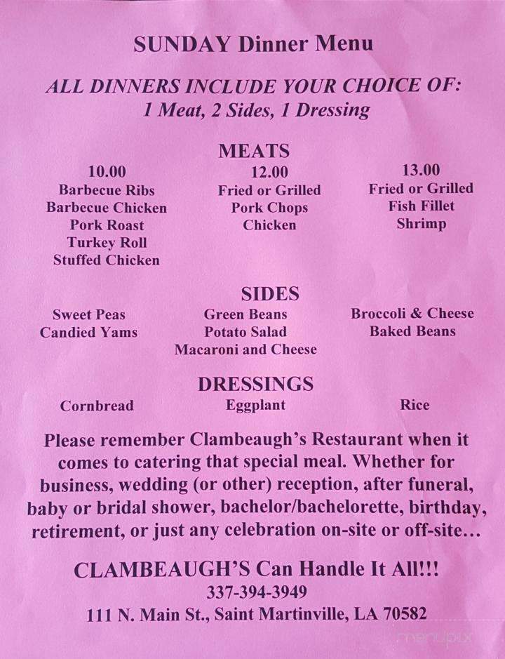 Clambeaugh's - Saint Martinville, LA menu_pic