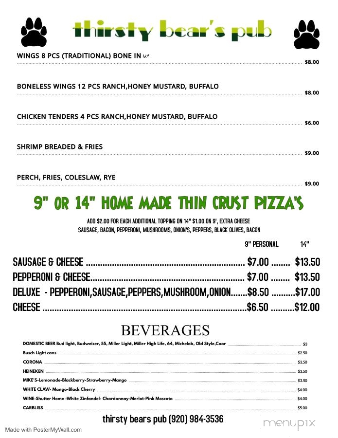 Thirsty Bear's Pub - Black Creek, WI menu_pic