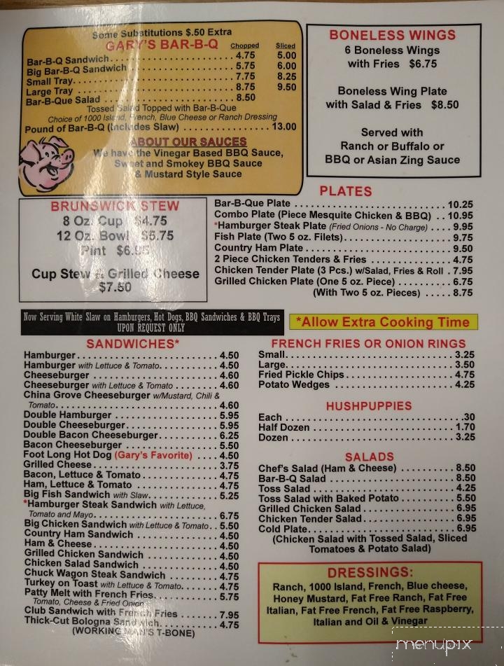 Gary's Barbecue - China Grove, NC menu_pic
