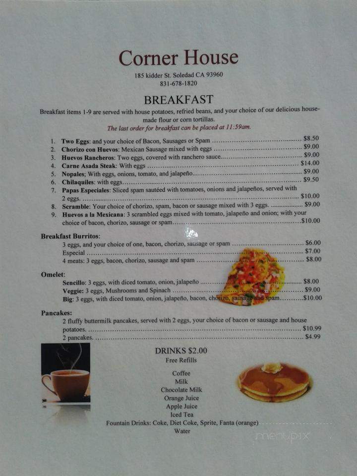 Corner House Restaurant - Soledad, CA menu_pic