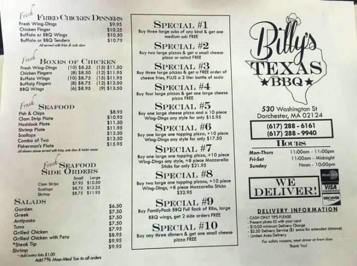 Billy's Texas BBQ - Dorchester Center, MA menu_pic