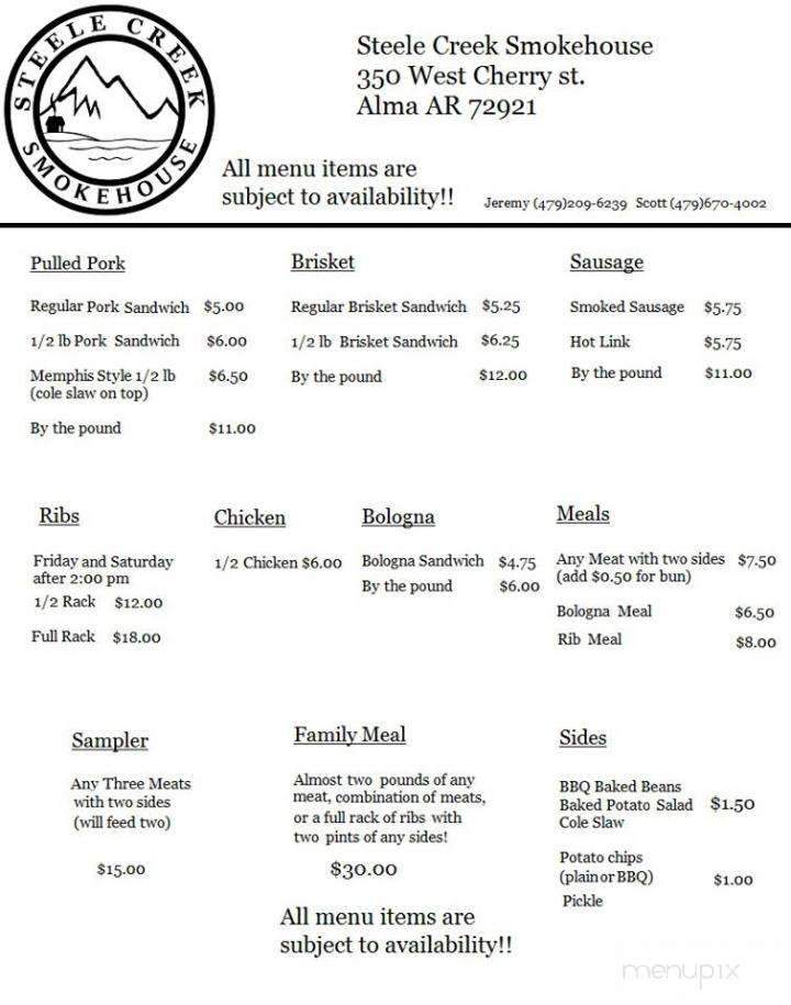 Steele Creek Smokehouse - alma, AR menu_pic