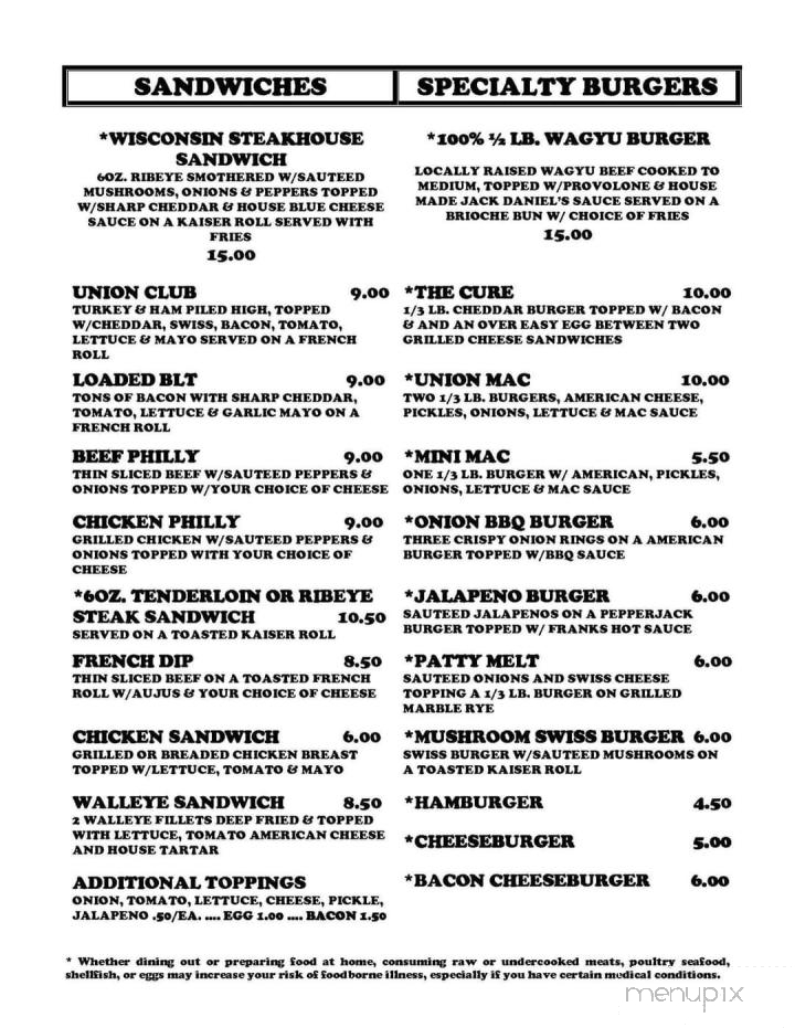 Union Still & Grill - Manawa, WI menu_pic