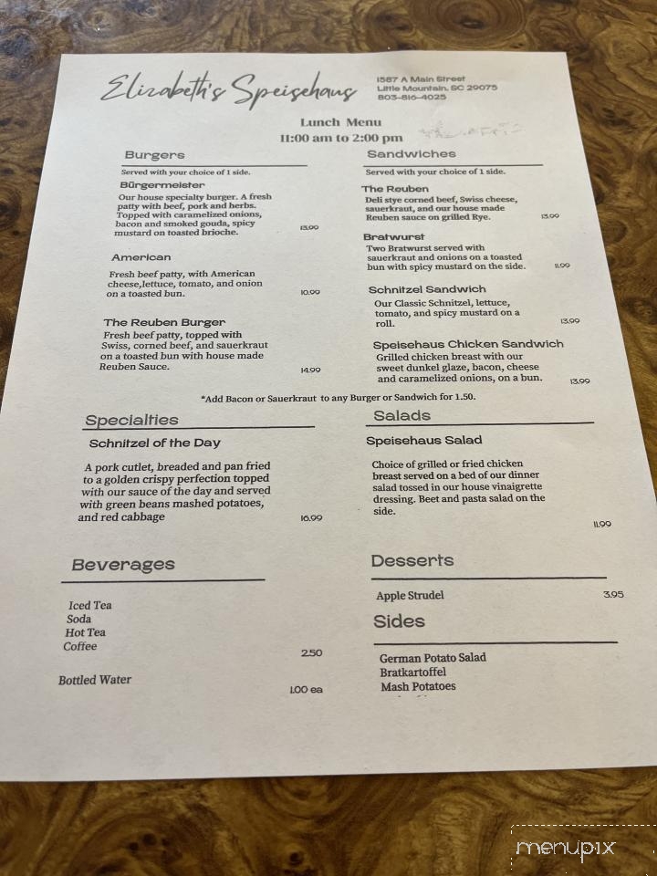 Elizabeth's Speisehaus - Little Mountain, SC menu_pic