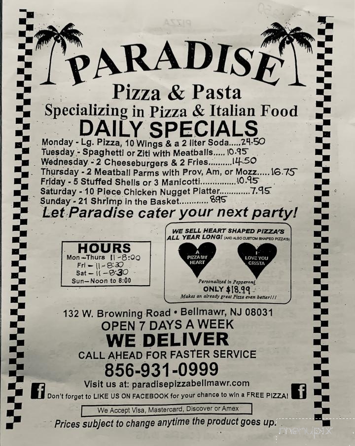 Paradise Pizza & Pasta - Bellmawr, NJ menu_pic