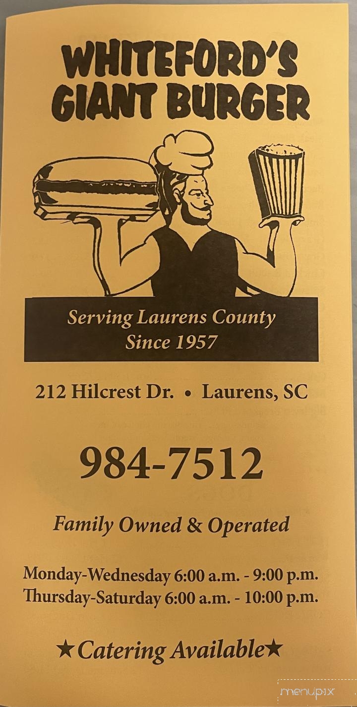 Whiteford's Giant Burger - Laurens, SC menu_pic