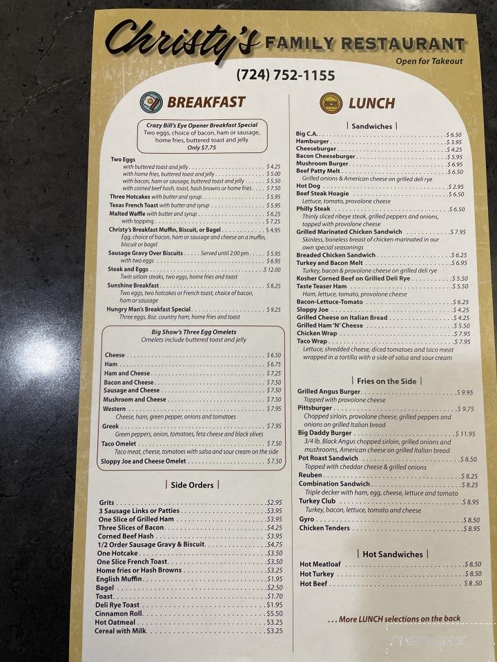 Christy's Restaurant - Ellwood City, PA menu_pic