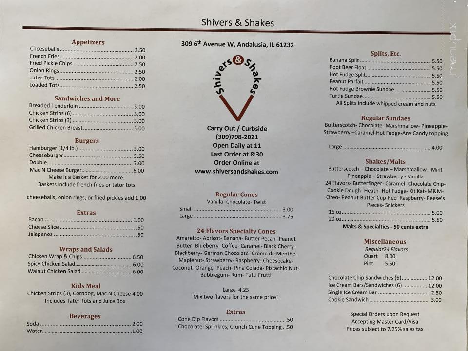 Shivers & Shakes - Andalusia, IL menu_pic