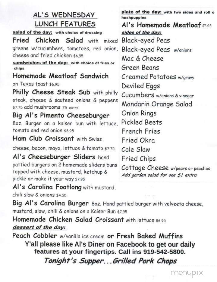 Al's Diner - Pittsboro, NC menu_pic