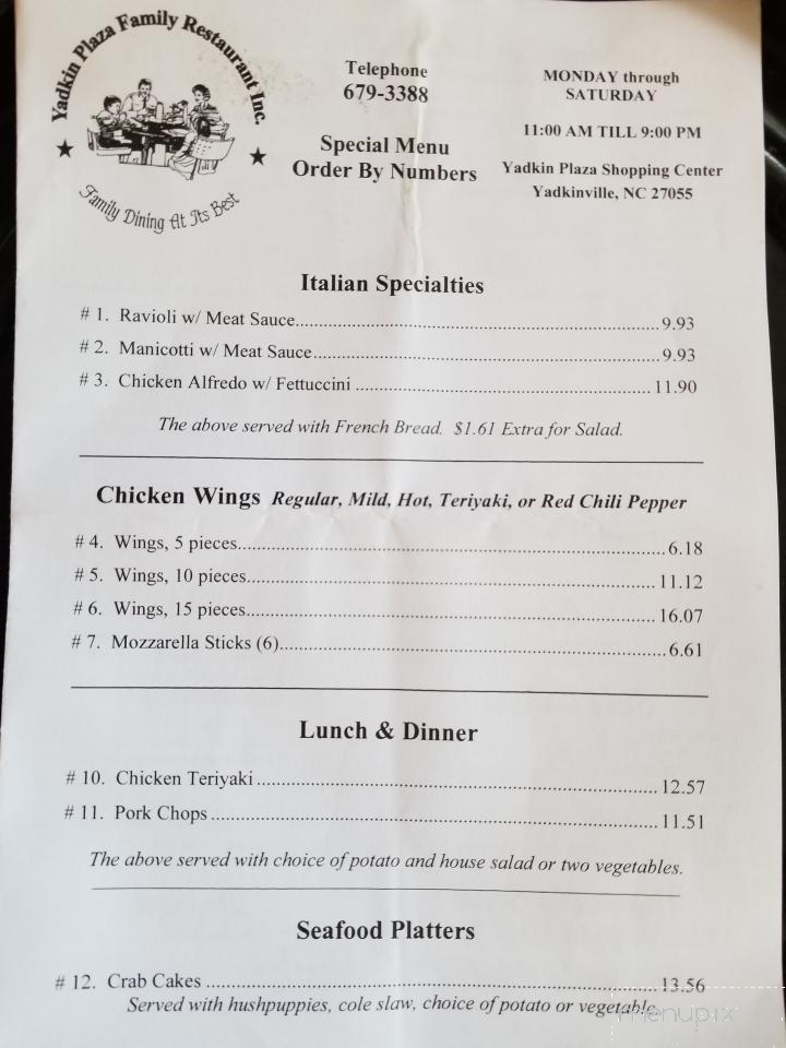 Yadkin Plaza Family Restaurant - Yadkinville, NC menu_pic