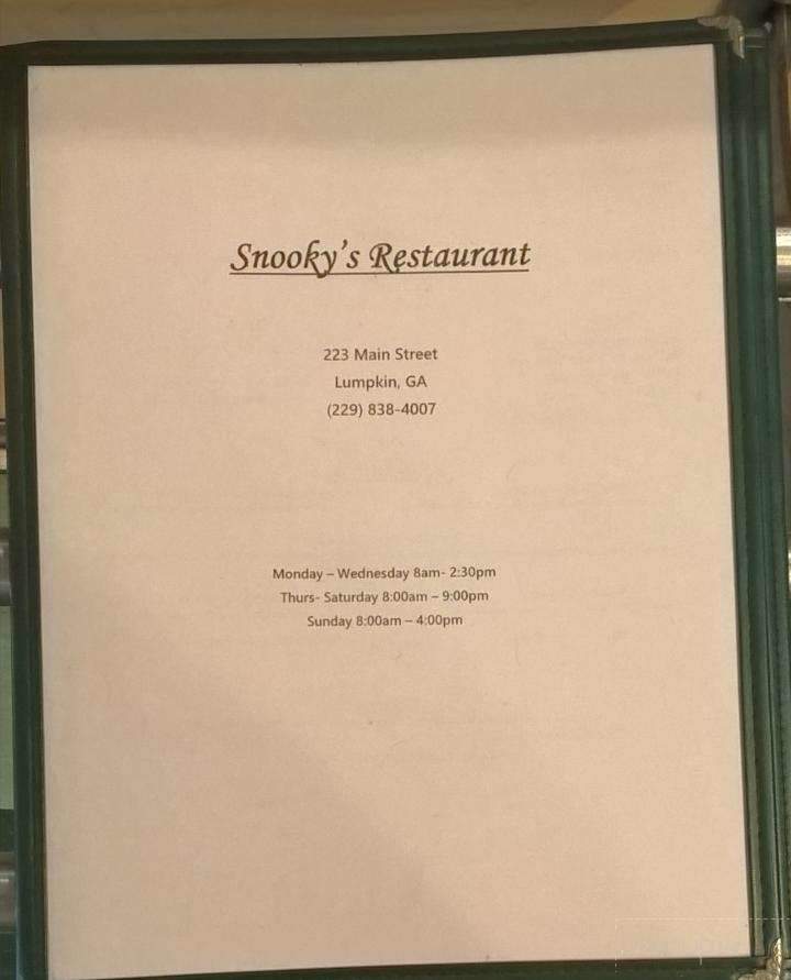 Snooky's - Lumpkin, GA menu_pic