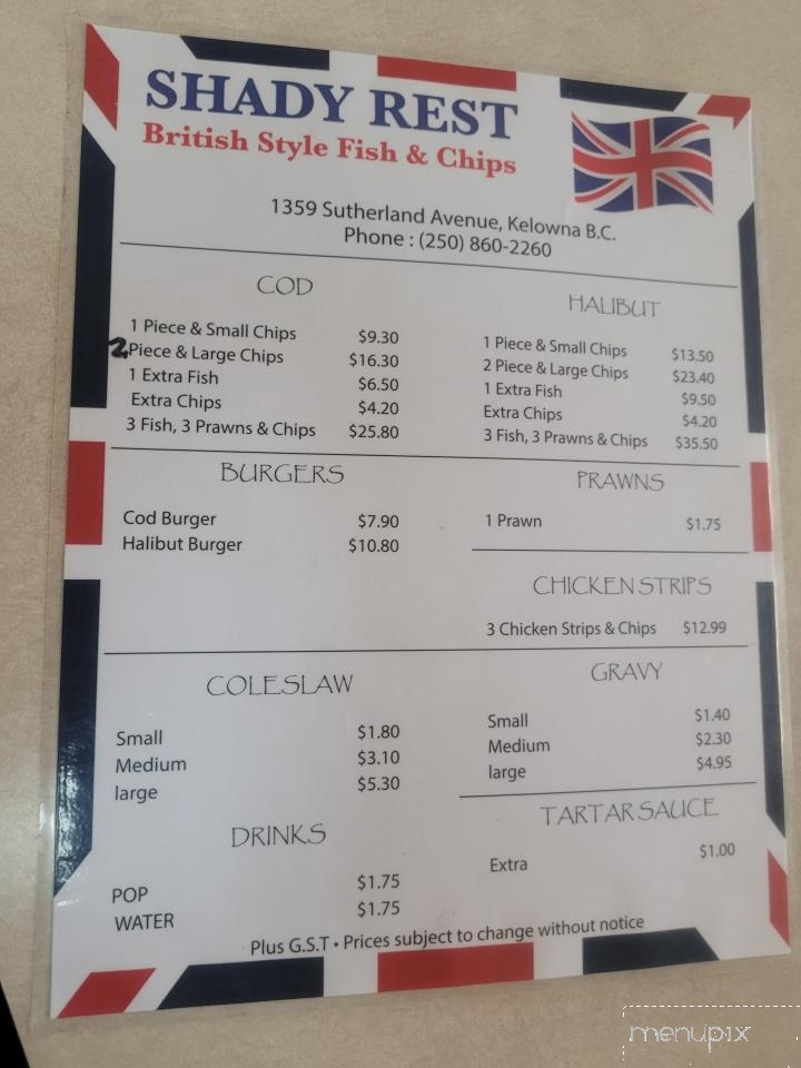 Shady Rest British Fish and Chips - Kelowna, BC menu_pic
