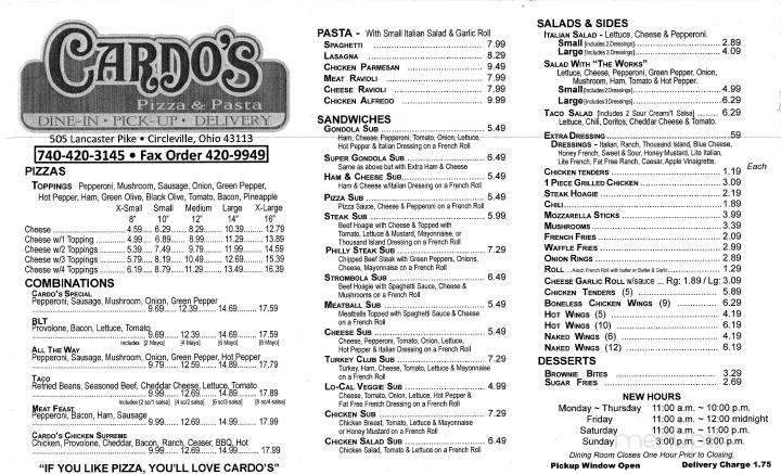 Cardo's Pizza Pasta Menu in Circleville, OH | Order Delivery & Reviews