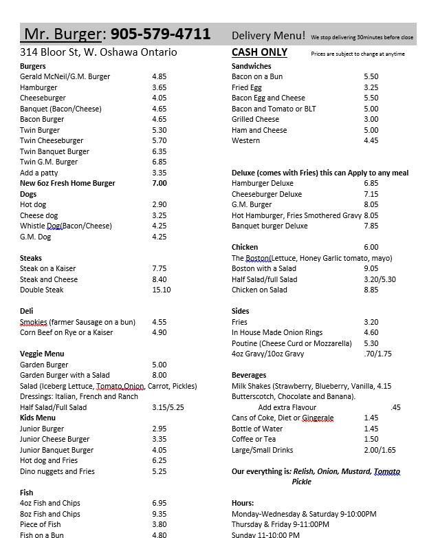 Mr. Burger - Oshawa, ON menu_pic