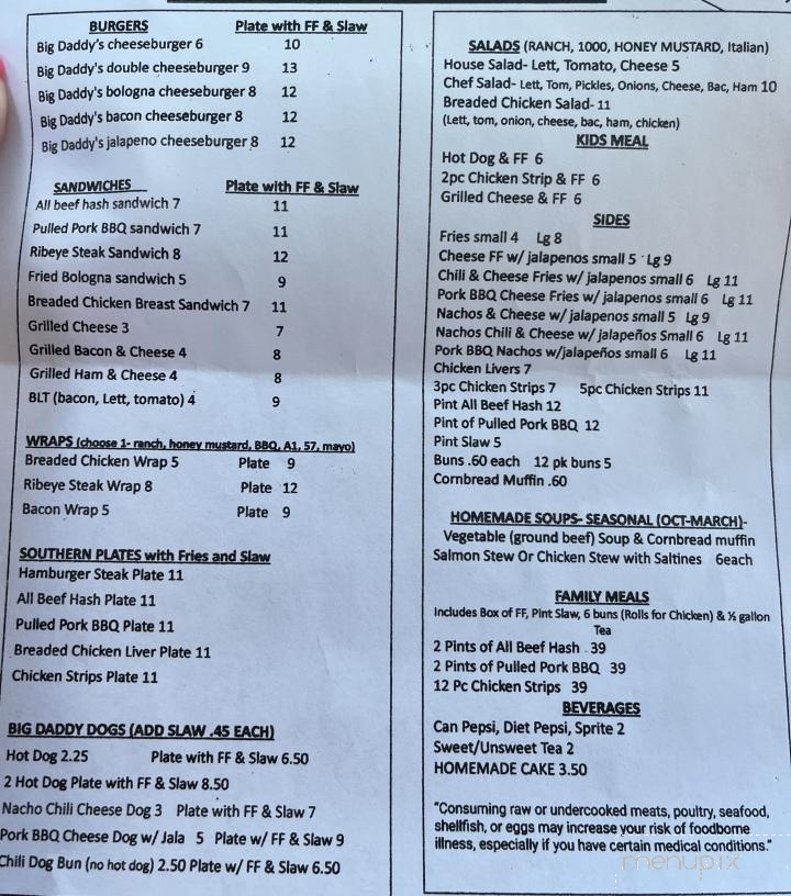 Big Daddys Cafe - Gaffney, SC menu_pic
