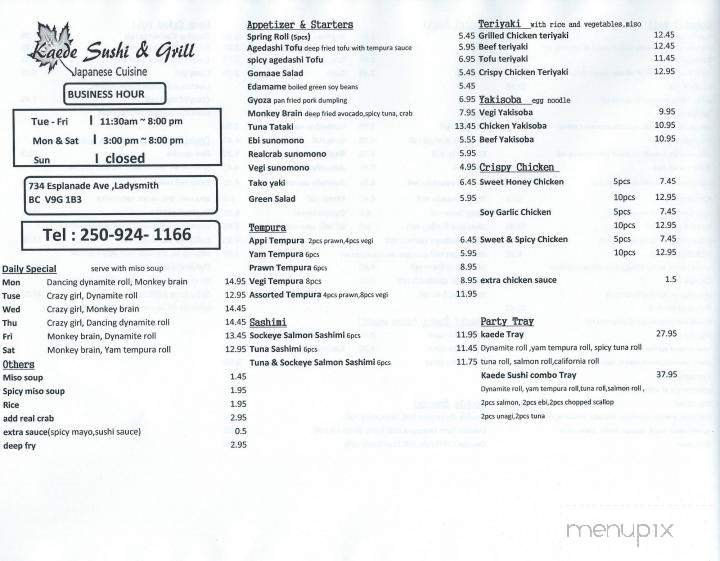 Kaede Sushi & Grill - Ladysmith, BC menu_pic