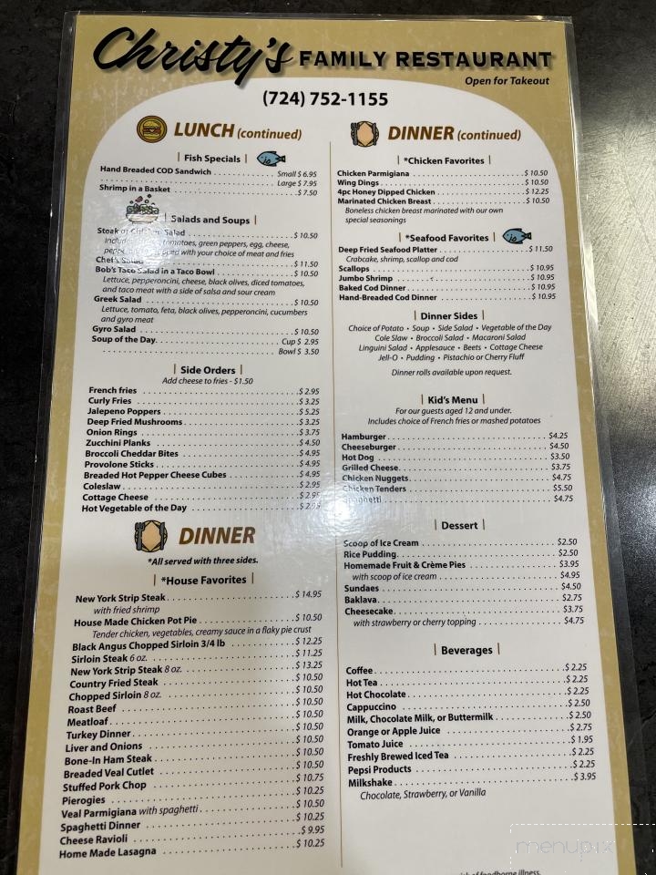 Christy's Restaurant - Ellwood City, PA menu_pic