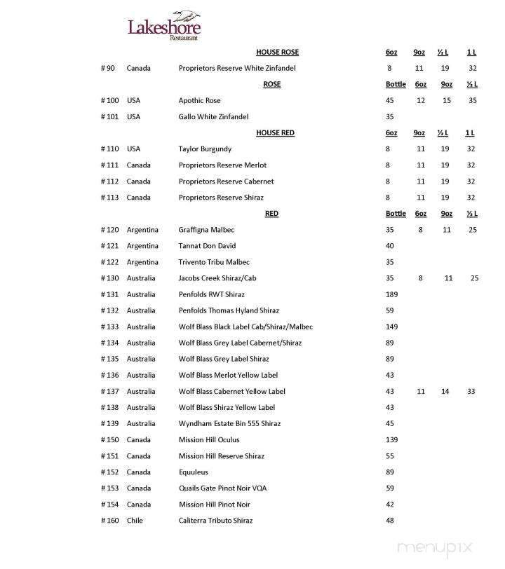 Lakeshore Restaurant - Regina, SK menu_pic