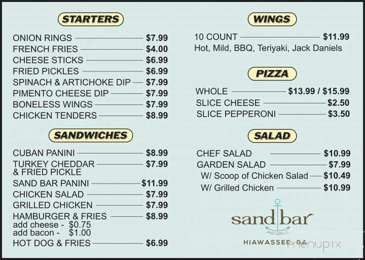 Sand Bar - Hiawassee, GA menu_pic