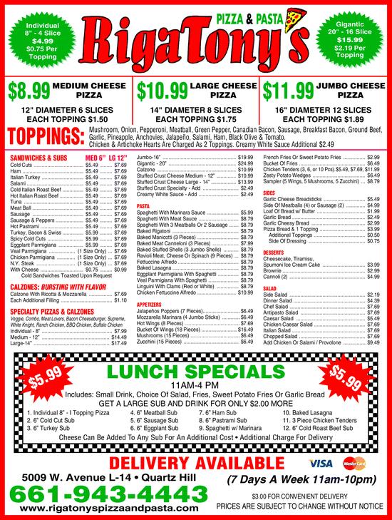 RigaTony's Pizza - Quartz Hill, CA menu_pic