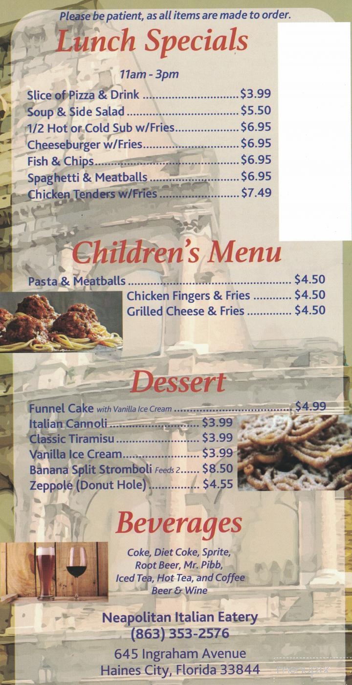 Neapolitan Italian Eatery - Haines City, FL menu_pic