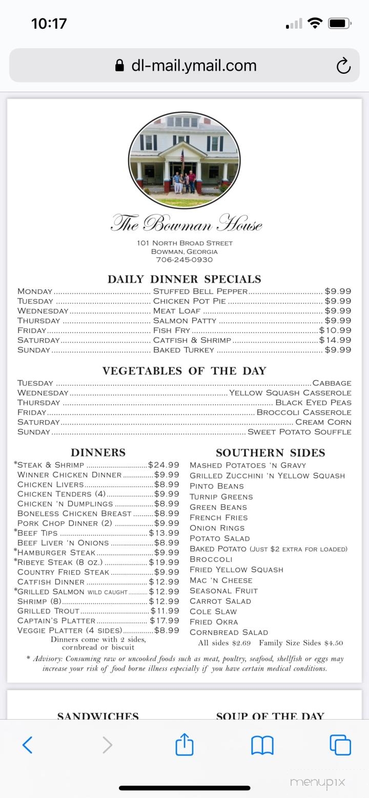 The Bowman House Southern Kitchen - Bowman, GA menu_pic