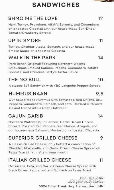Yellow Bike Coffee - Hermantown, MN menu_pic
