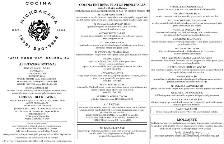 Cocina Michoacana 2 - Sonora, CA menu_pic