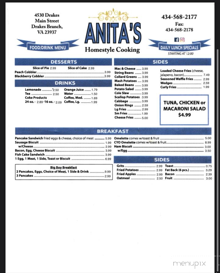 Anita's Homestyle Cooking - Drakes Branch, VA menu_pic