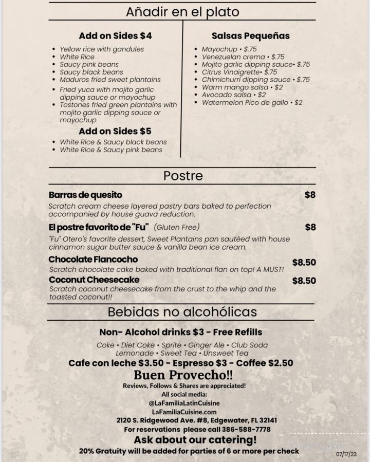 La Familia Latin Cuisine Restaurant - Edgewater, FL menu_pic