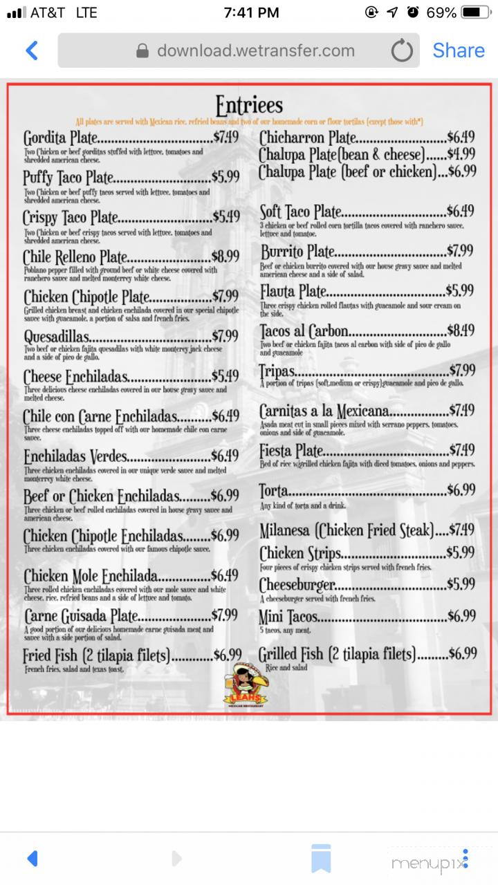 Leah's Mexican Restaurant - Converse, TX menu_pic