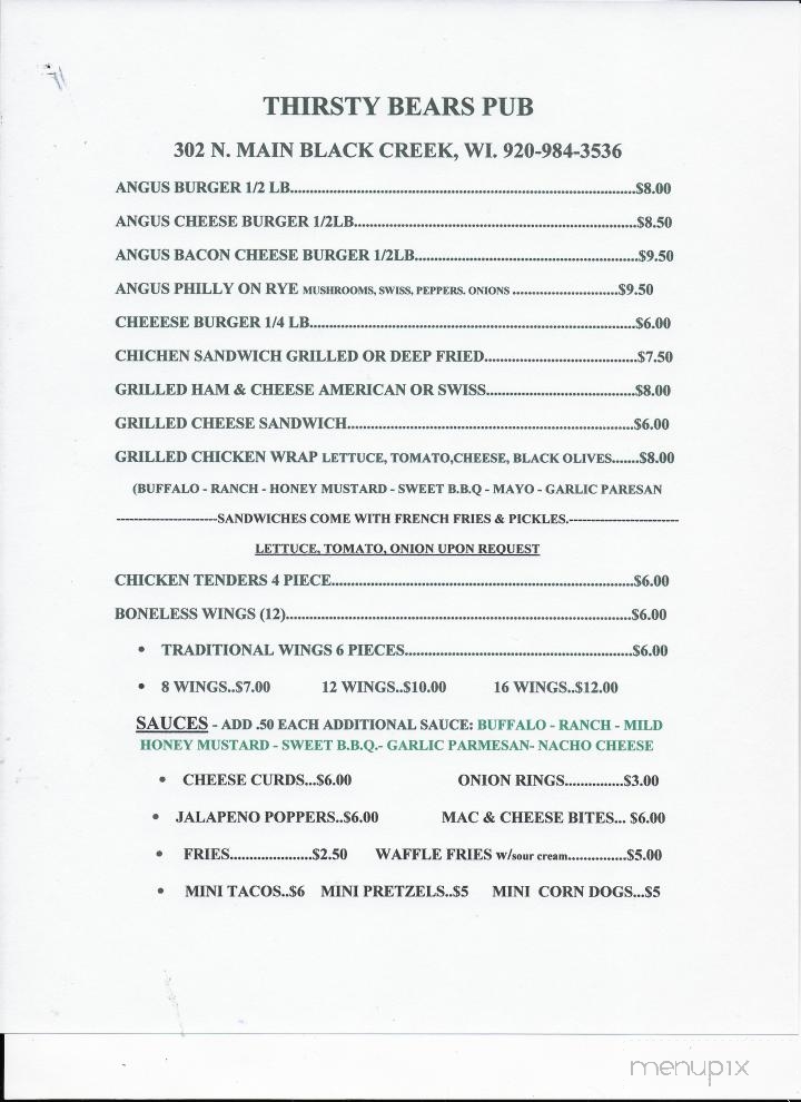 Thirsty Bear's Pub - Black Creek, WI menu_pic