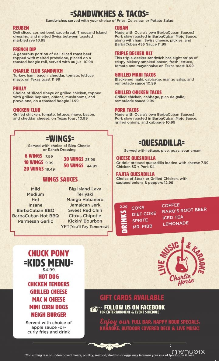 Charlie Horse Restaurant - Ocala, FL menu_pic