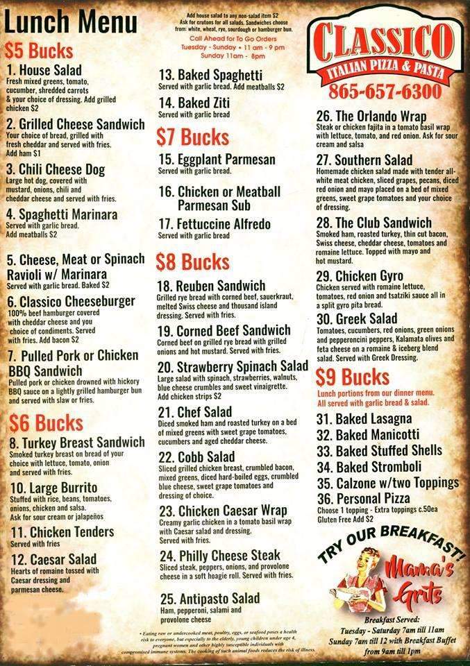 Classico Italian & Mama's Grits - Loudon, TN menu_pic