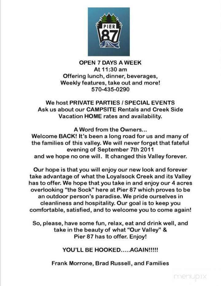 Pier 87 - Montoursville, PA menu_pic