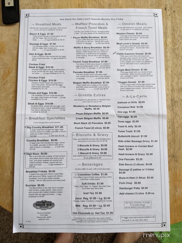 The Grain Bin Restaurant - Chanute, KS menu_pic