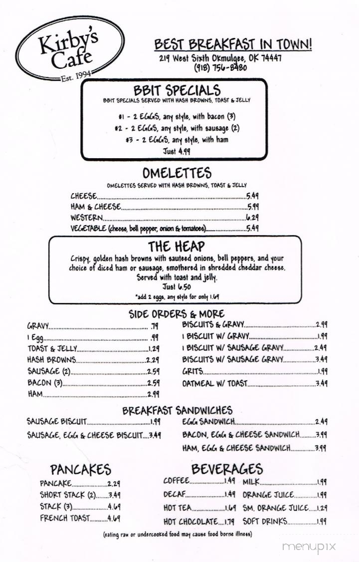Kirby's Cafe - Okmulgee, OK menu_pic