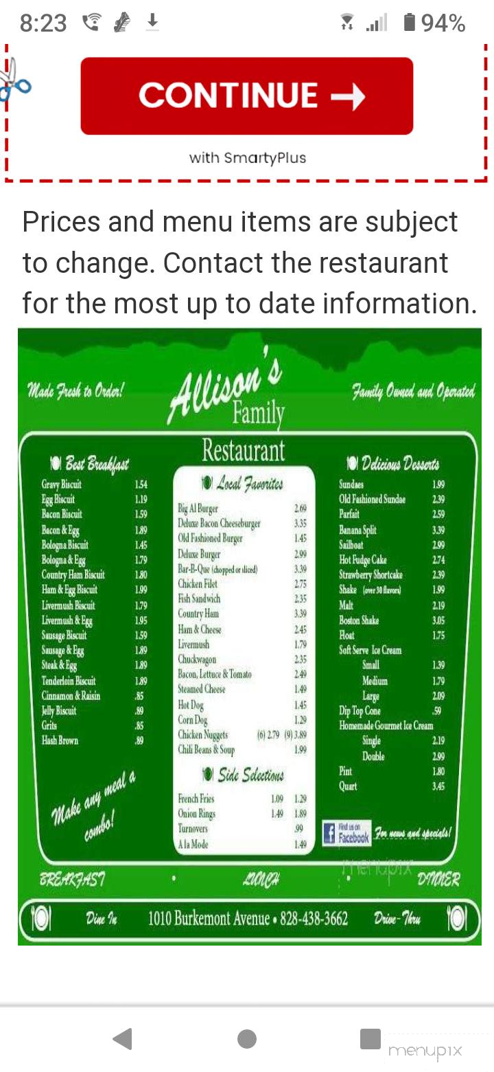 Allison's Family Restaurant - Morganton, NC menu_pic