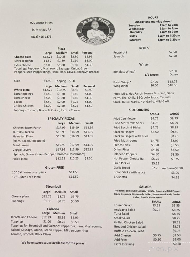 Jo Jo's Pizza - Saint Michael, PA menu_pic