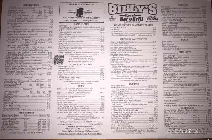 Menu of Billy's Sports Bar & Grill in Manchester, NH 03103