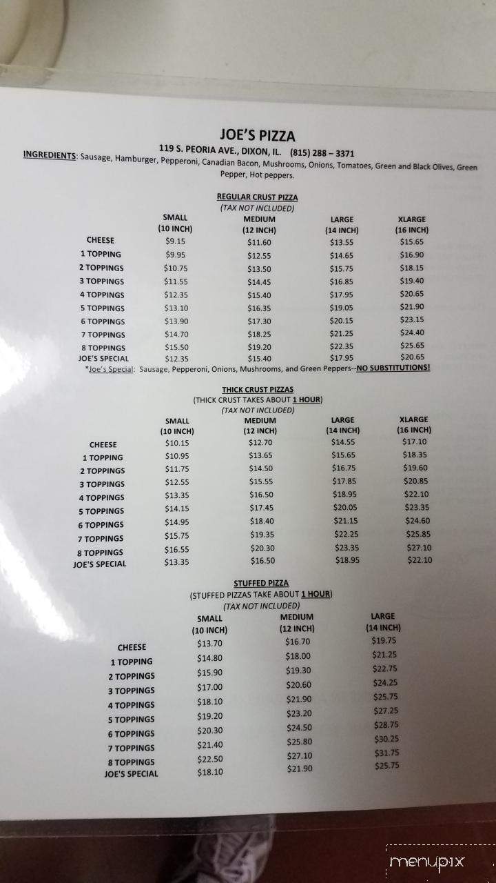 Joe's Pizzeria - Dixon, IL menu_pic