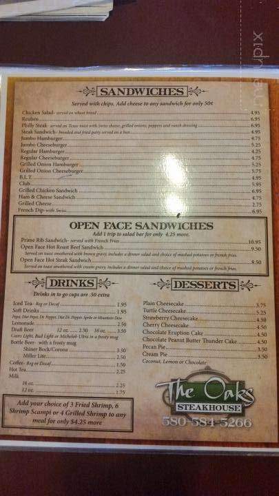 Oaks Steakhouse & Gifts - Broken Bow, OK menu_pic