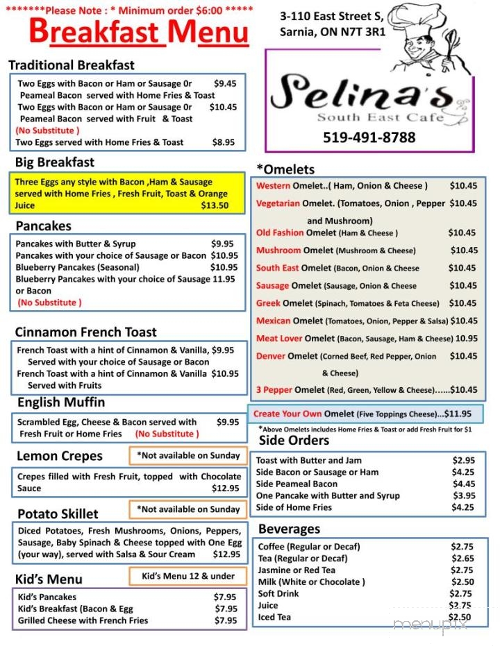 Selina's South East Cafe - Sarnia, ON menu_pic