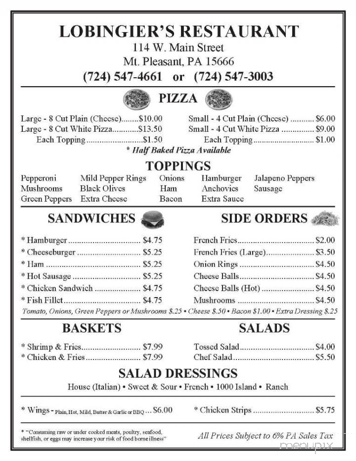 Lobingier's Restaurant - Mount Pleasant, PA menu_pic